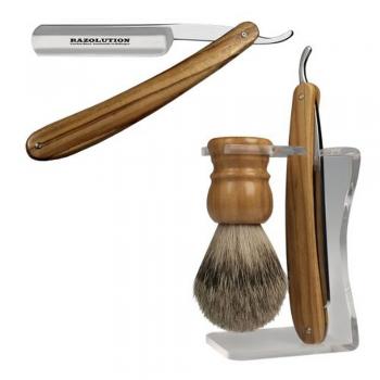 Rasier-Set 3-teilig - AKTION - Rasiermesser mit Olivenholzschalen, Rasierpinsel und Acryl-Ständer