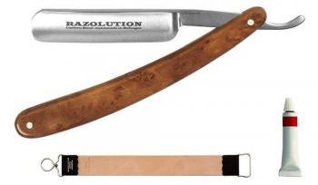 RAZOLUTION Rasier-Set 3-teilig - AKTION - mit Rasiermesser, Abziehriemen und leichtem Schmirgelfett